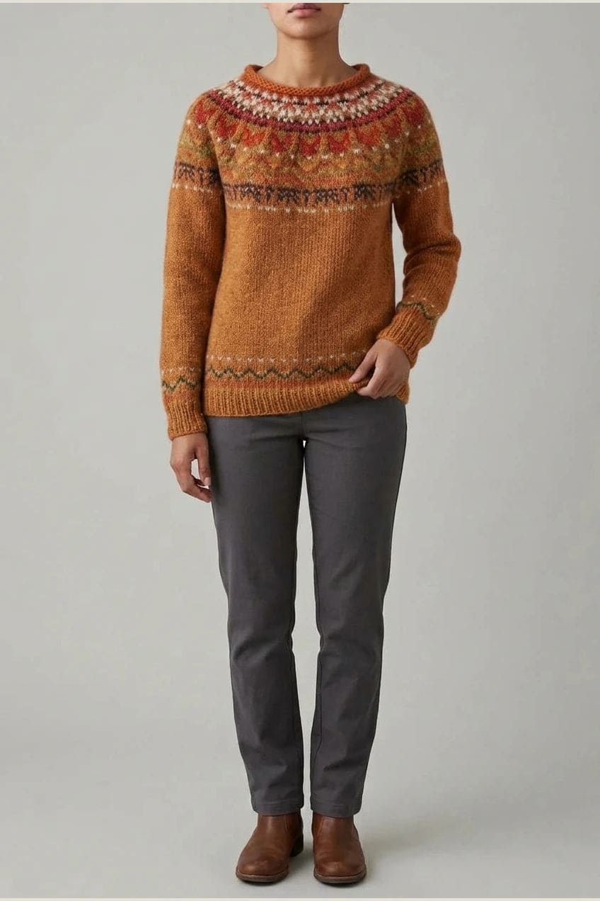 Kvinde i strikket sweater med mønstret rundpasning i zigzag og ribkanter, kombineret med mørke fløjlsbukser og støvler i sne._9