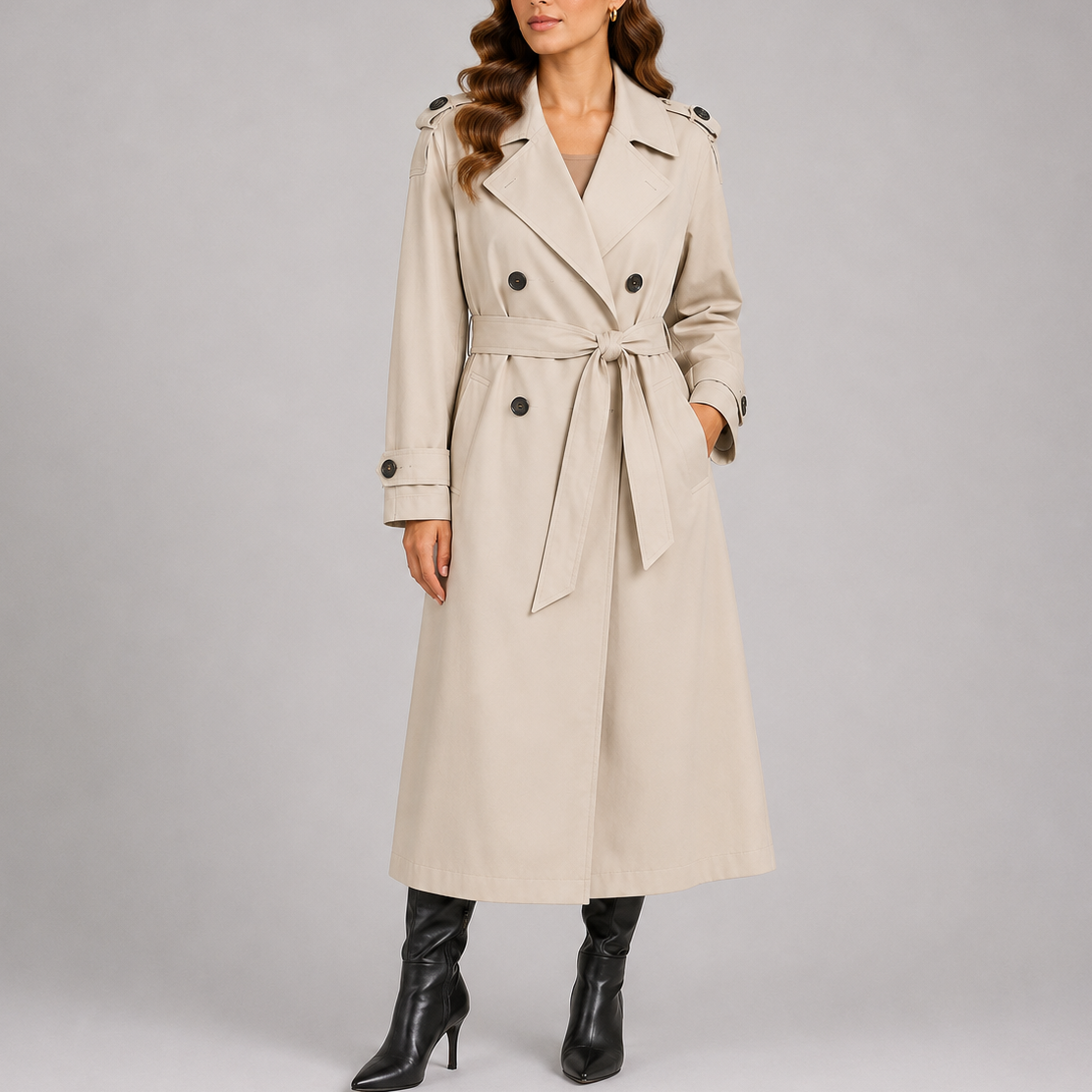 Kvinde iført lang beige trenchcoat med dobbeltradet lukning, bælte og sorte støvler på grå baggrund_0