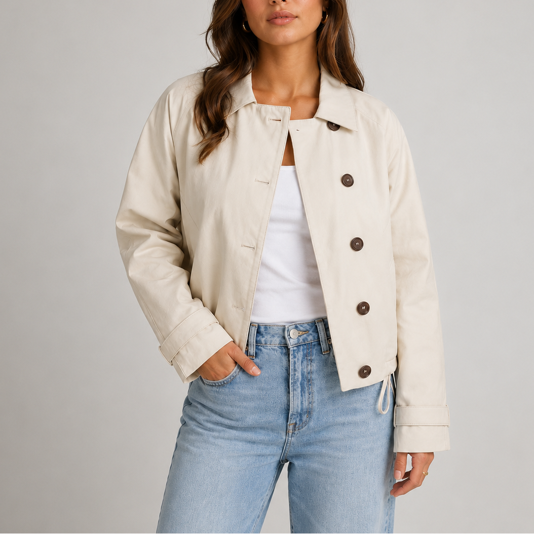 Kvinde iført kort beige jakke med knapper foran og klassisk krave, stylet med hvid top og lyseblå jeans_0