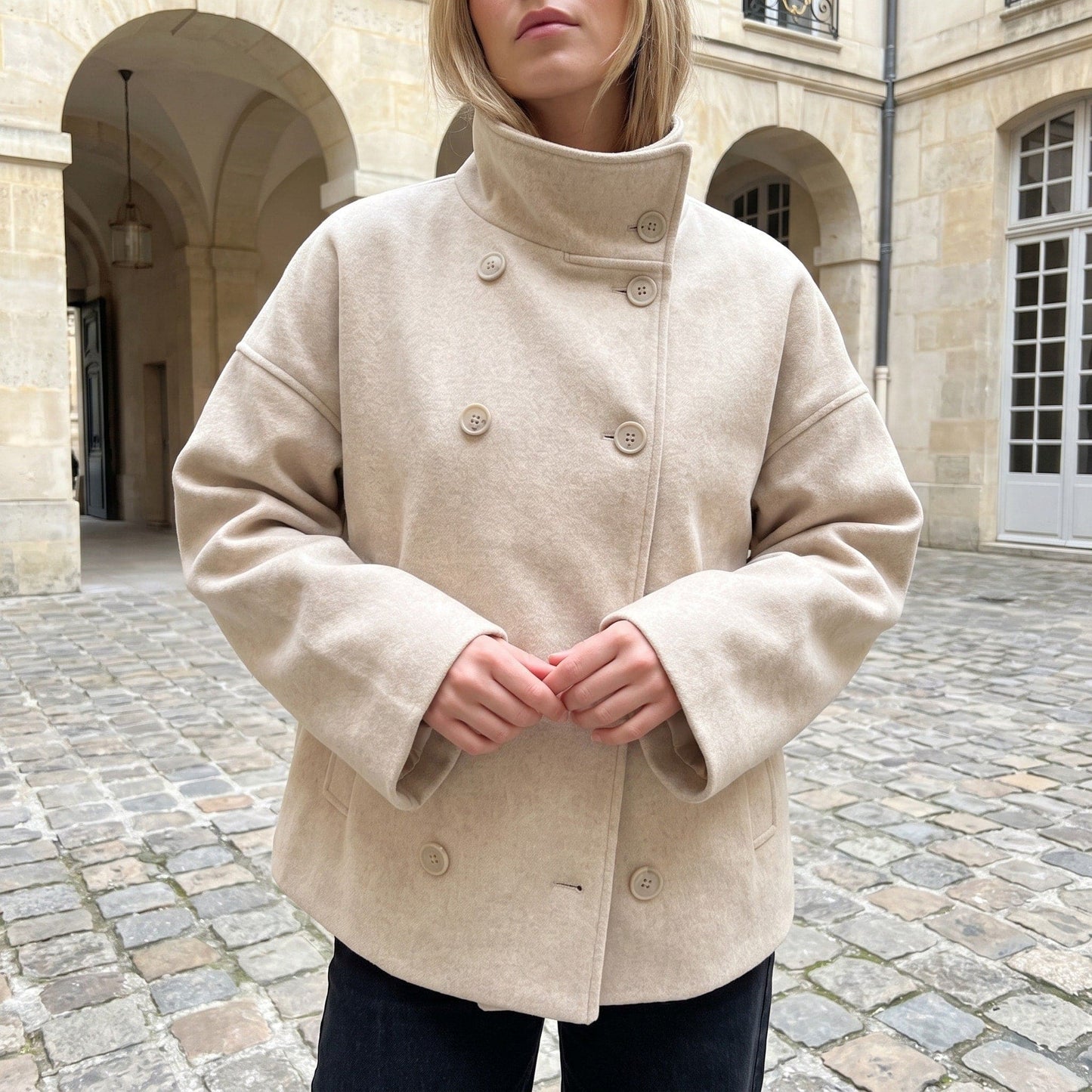 Louise | kort peacoat med høj krave og dobbeltknappet front