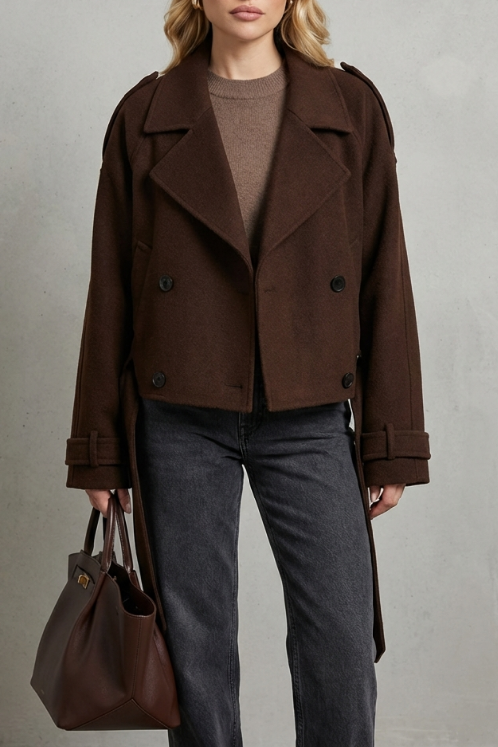 Model iført en kortet dobbeltspændt jakke over en beige sweater og mørke jeans, med håndtaske i læder._0