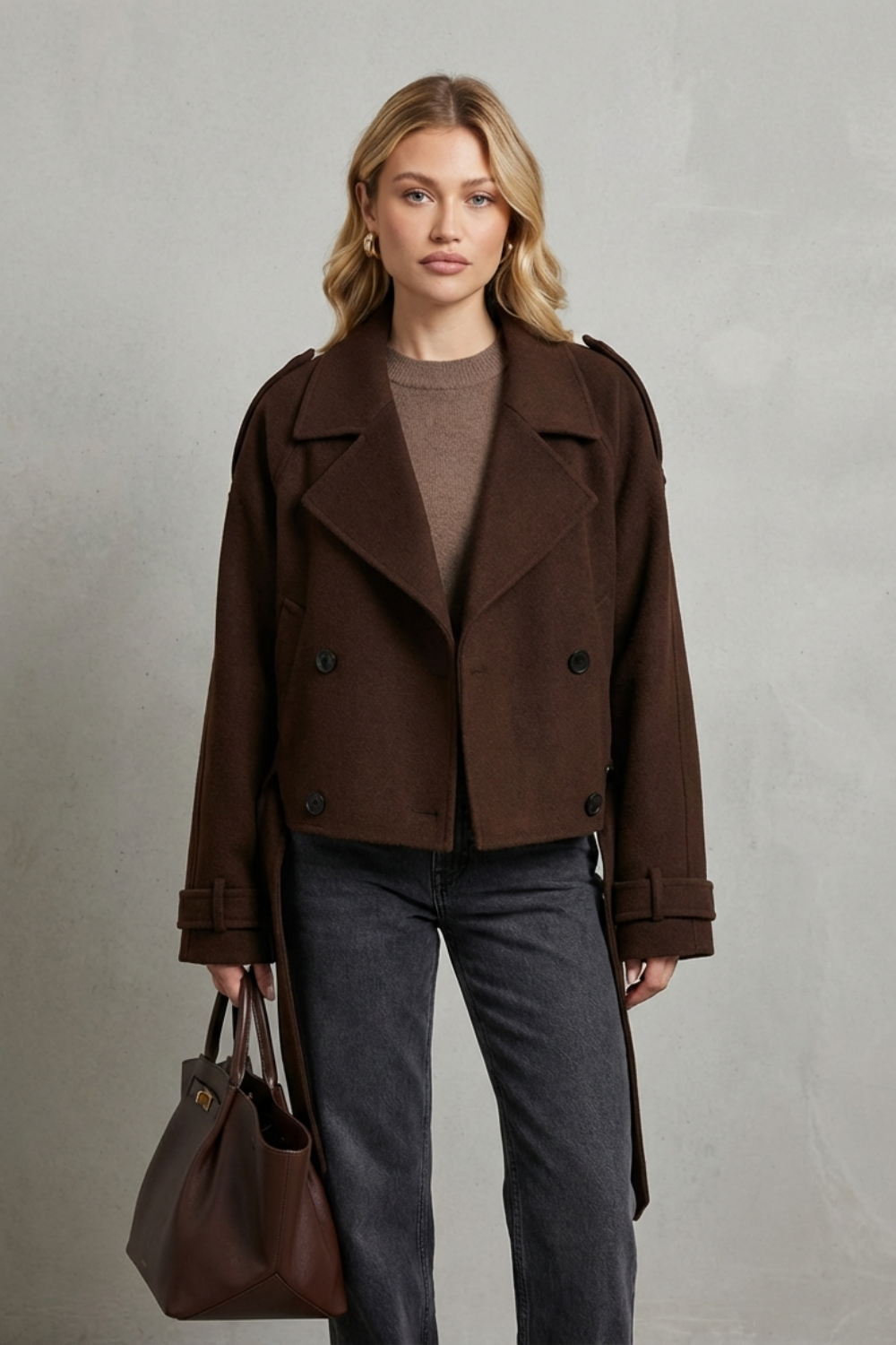 Model iført en kortet dobbeltspændt jakke over en beige sweater og mørke jeans, med håndtaske i læder._1