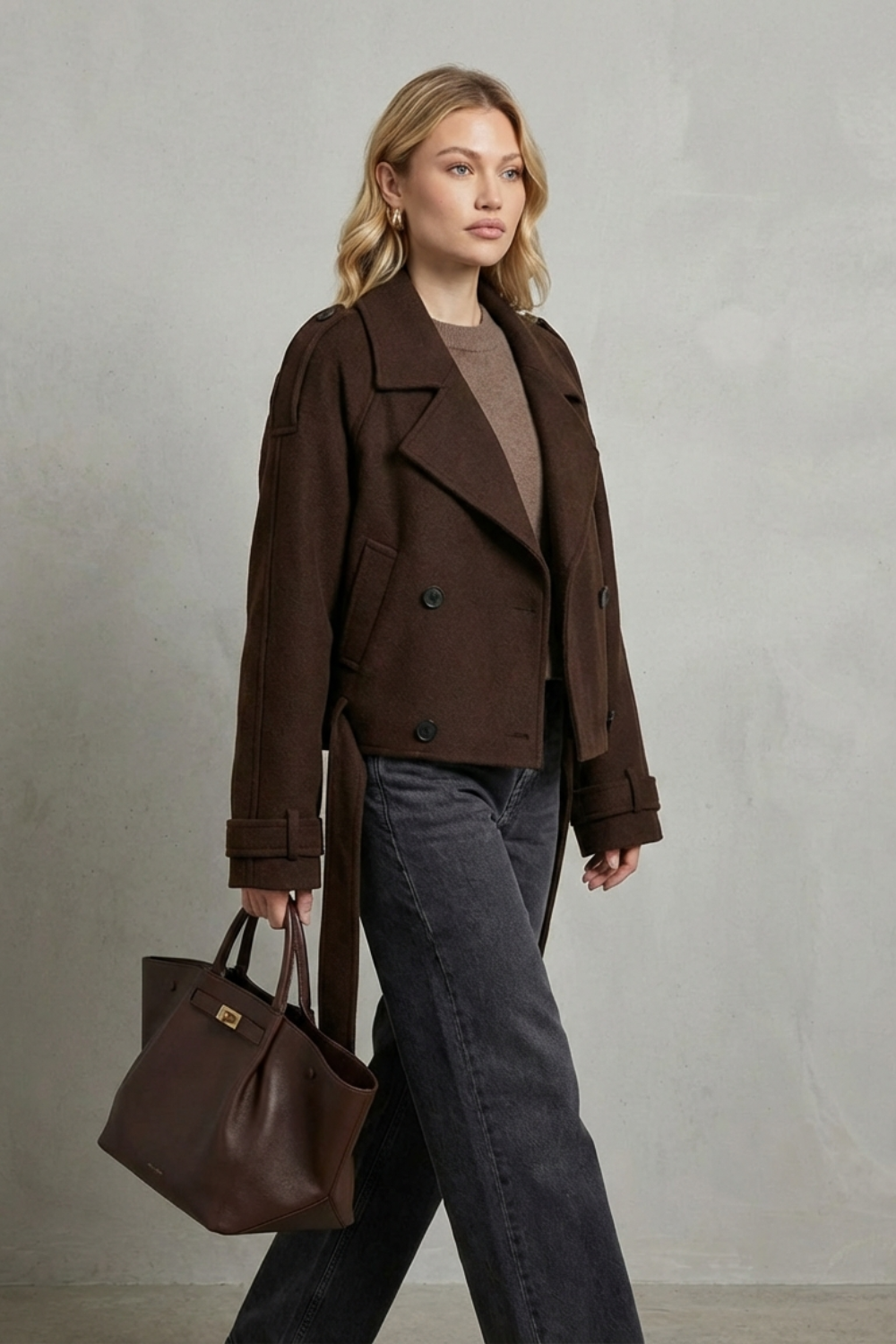 Model iført en kortet dobbeltspændt jakke over en beige sweater og mørke jeans, med håndtaske i læder._2