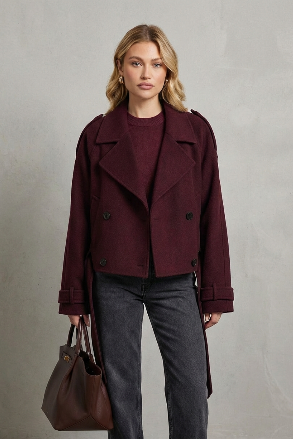 Model iført en kortet dobbeltspændt jakke over en beige sweater og mørke jeans, med håndtaske i læder._5