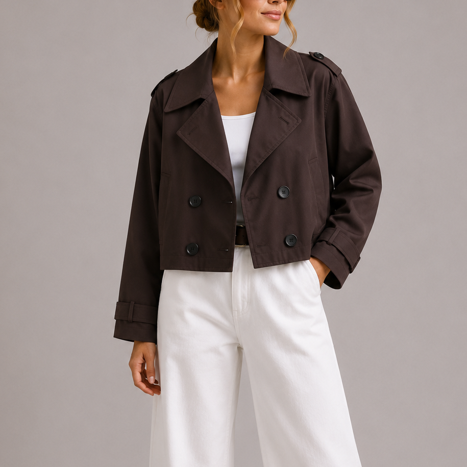 Kvinde iført kortet trenchcoat med oversize revers og dobbeltradede knapper, stylet med hvid top og hvide bukser._0