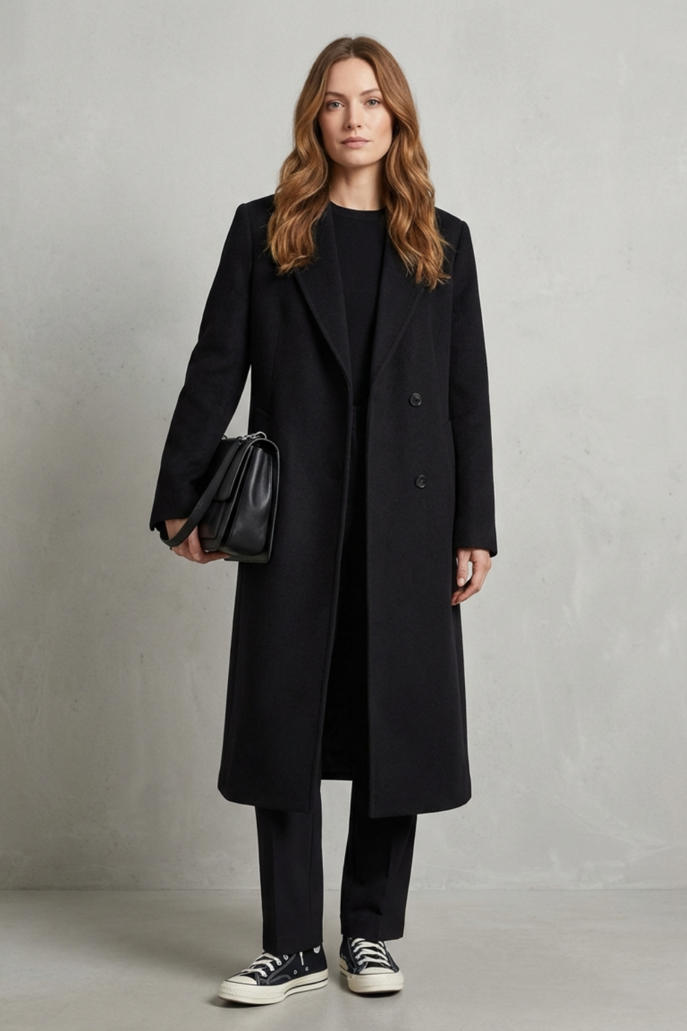 Kvinde iført en lang sort dobbeltradet overcoat med brede revers, sort taske og sneakers, fotograferet mod en neutral baggrund._1