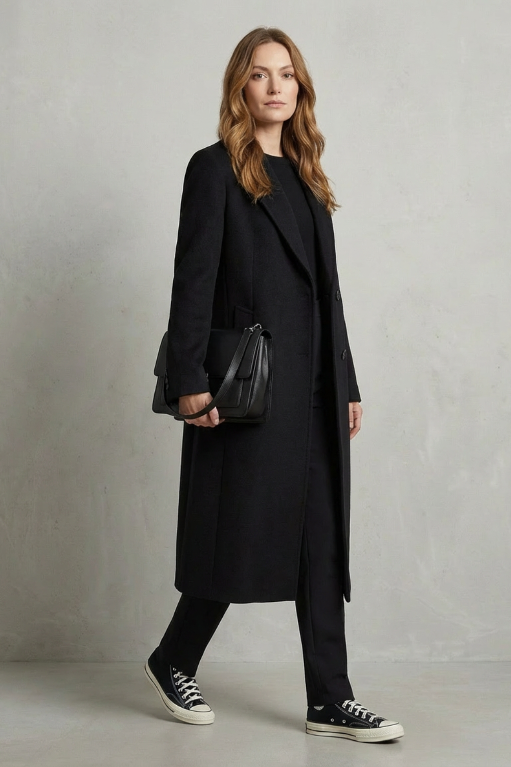 Kvinde iført en lang sort dobbeltradet overcoat med brede revers, sort taske og sneakers, fotograferet mod en neutral baggrund._2