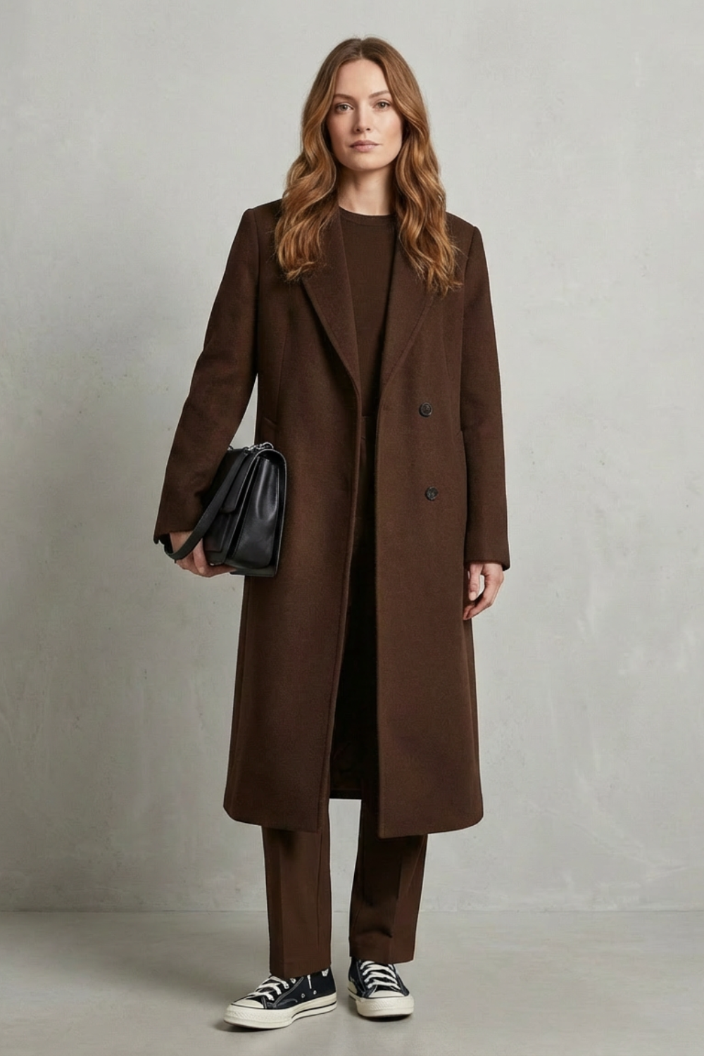 Kvinde iført en lang sort dobbeltradet overcoat med brede revers, sort taske og sneakers, fotograferet mod en neutral baggrund._5