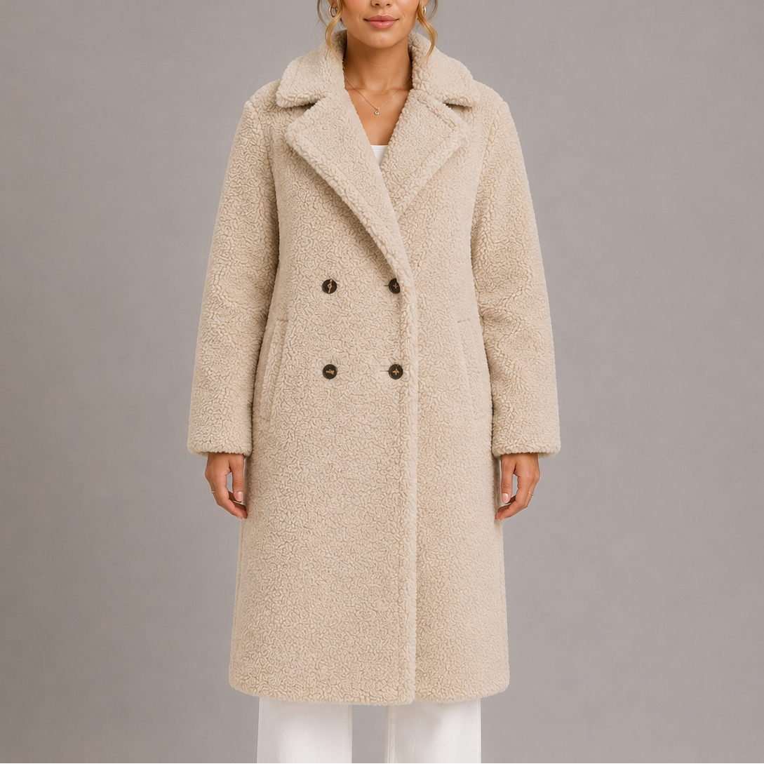 Kvinde iført lang beige teddy-frakke med dobbelt knappelukning og brede revers set forfra_0