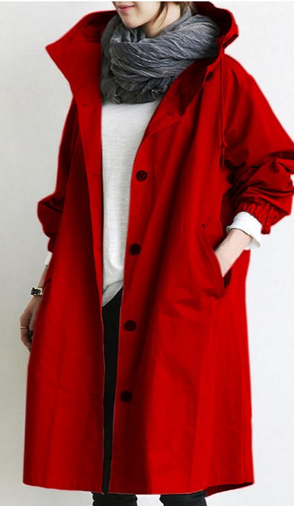 Louise | Lang frakke med hætte og knapper, oversize pasform