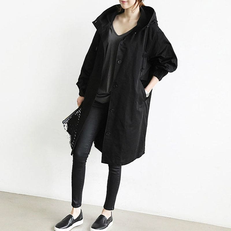 Louise | Lang frakke med hætte og knapper, oversize pasform