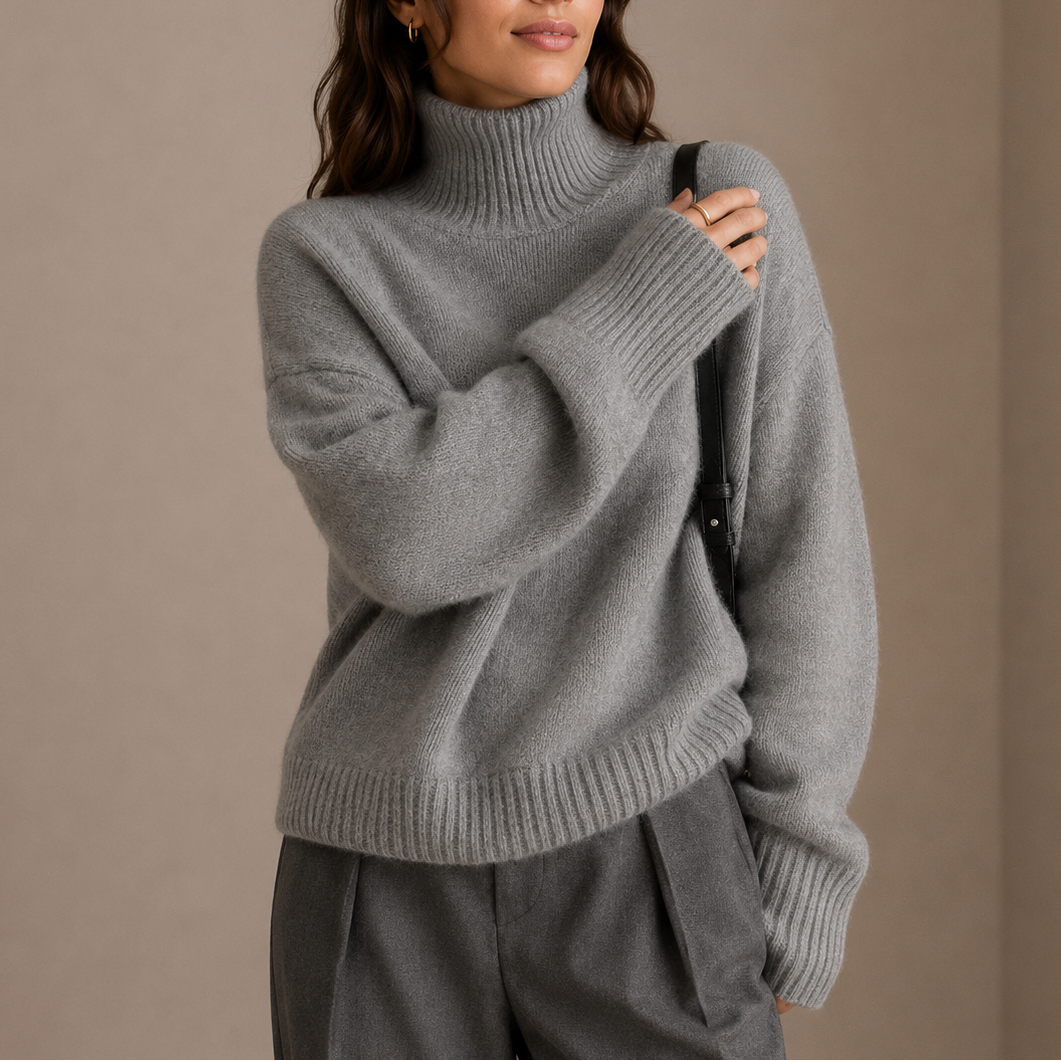 Model iført oversized sweater med høj hals og brede ribstrikmanchetter i afslappet pasform_0