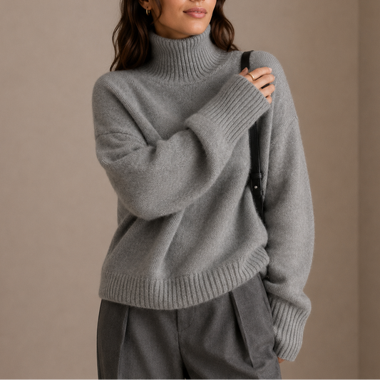 Model iført oversized sweater med høj hals og brede ribstrikmanchetter i afslappet pasform_0