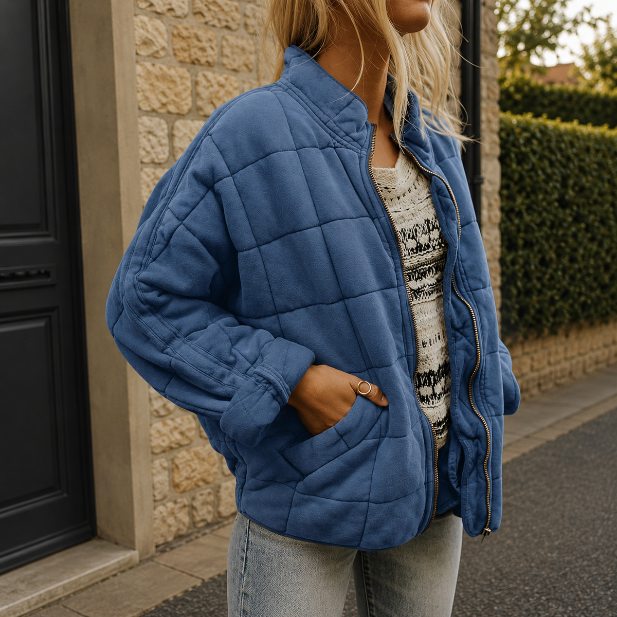 Cecilie | Quiltet oversize jakke med lynlås, ståkrave og sidelommer