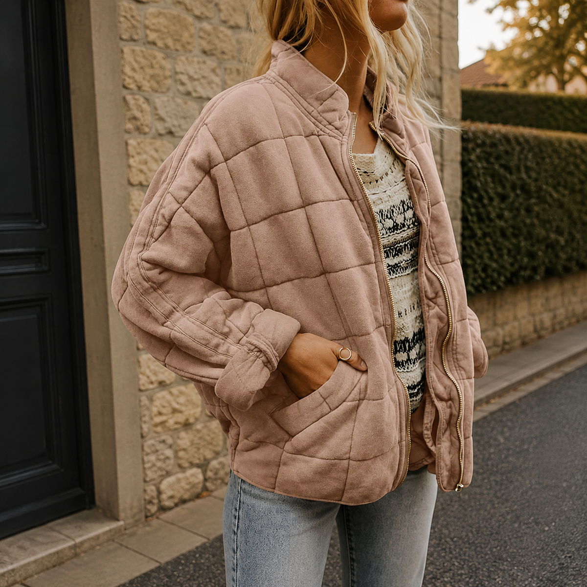 Cecilie | Quiltet oversize jakke med lynlås, ståkrave og sidelommer