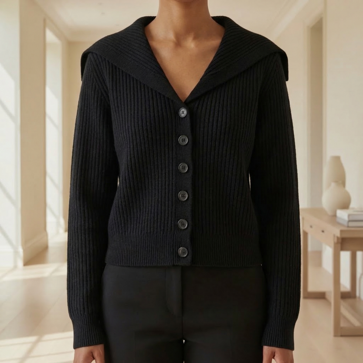 Mathilde | Ribstrikket Cardigan Med Brede Kravedetaljer