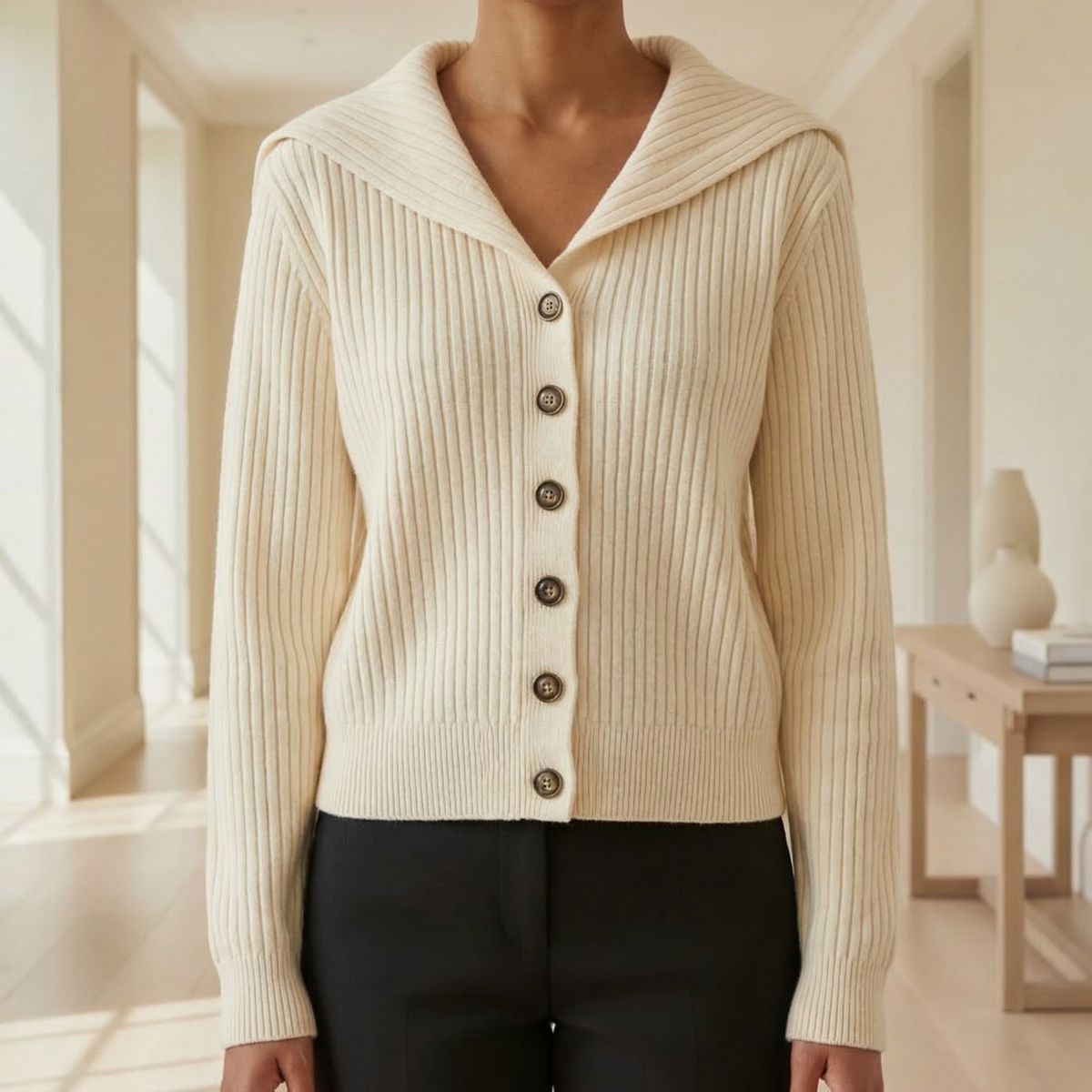 Mathilde | Ribstrikket Cardigan Med Brede Kravedetaljer