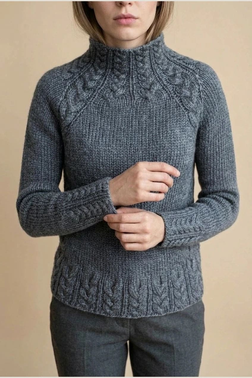 Kvinde i strikket sweater med høj hals, raglanærmer og snoningsmønster ved skuldre og nederste kant._1