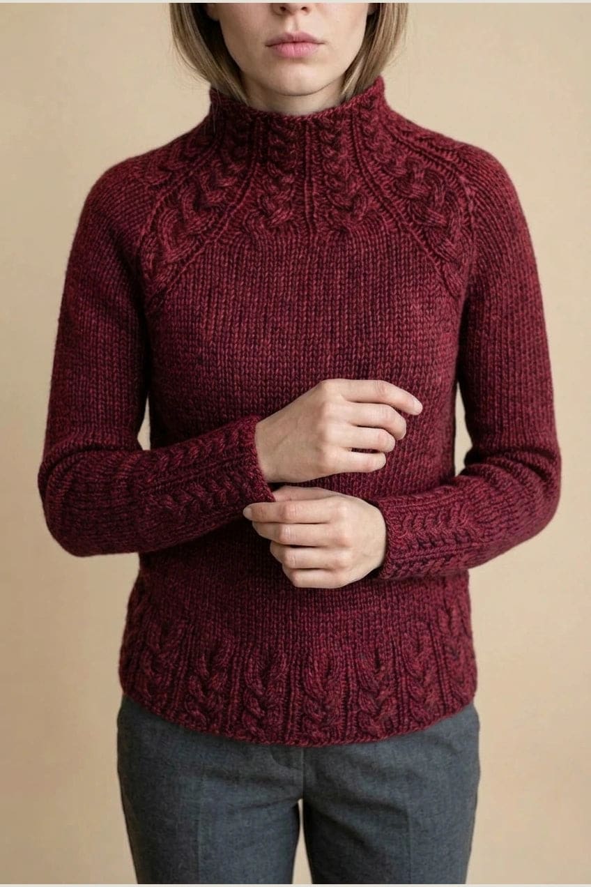 Kvinde i strikket sweater med høj hals, raglanærmer og snoningsmønster ved skuldre og nederste kant._20