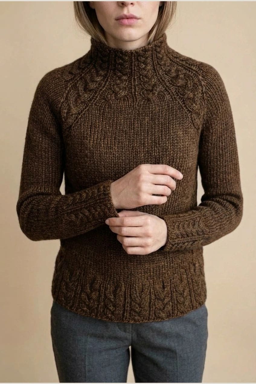 Kvinde i strikket sweater med høj hals, raglanærmer og snoningsmønster ved skuldre og nederste kant._26