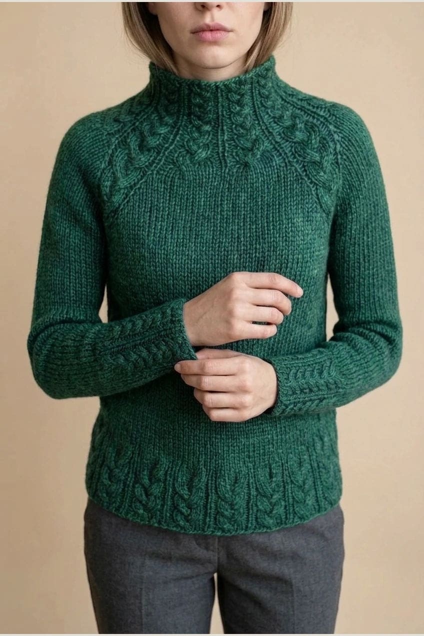 Kvinde i strikket sweater med høj hals, raglanærmer og snoningsmønster ved skuldre og nederste kant._8