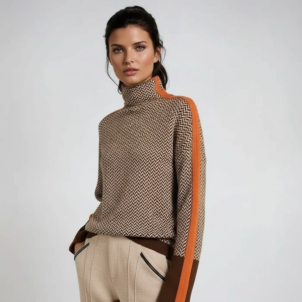 Kvinde iført strikket rullekrave bluse med stribet mønster og kontrastfarvet stripe ned ad ærmet, stylet med lys buksebukser._0