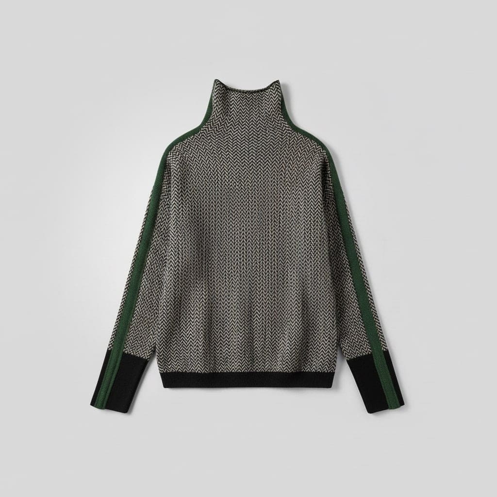 Kvinde iført strikket rullekrave bluse med stribet mønster og kontrastfarvet stripe ned ad ærmet, stylet med lys buksebukser._3