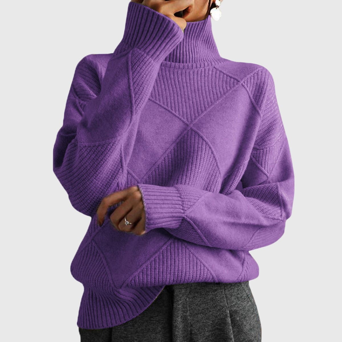 Elin | Rullekrave Sweater med Geometrisk Mønster og Oversized Pasform