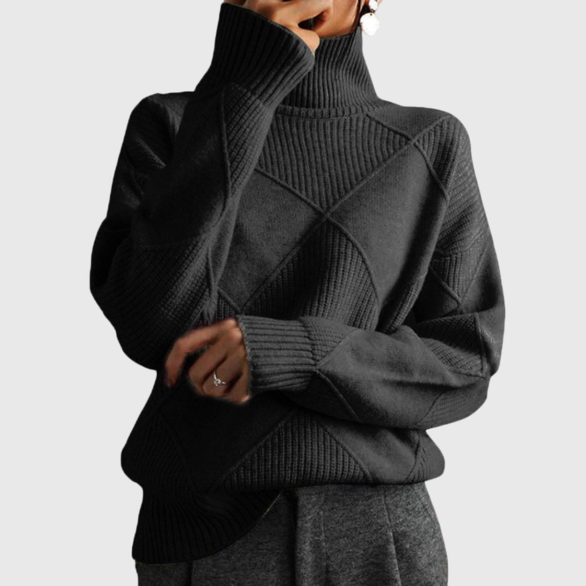 Elin | Rullekrave Sweater med Geometrisk Mønster og Oversized Pasform