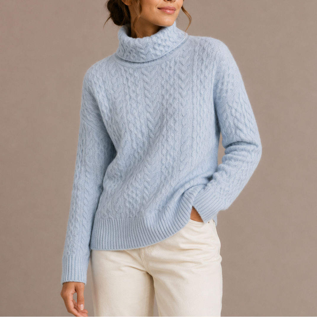Kvinde iført lyseblå sweater med kabelmønster og rullekrave, kombineret med beige bukser._0