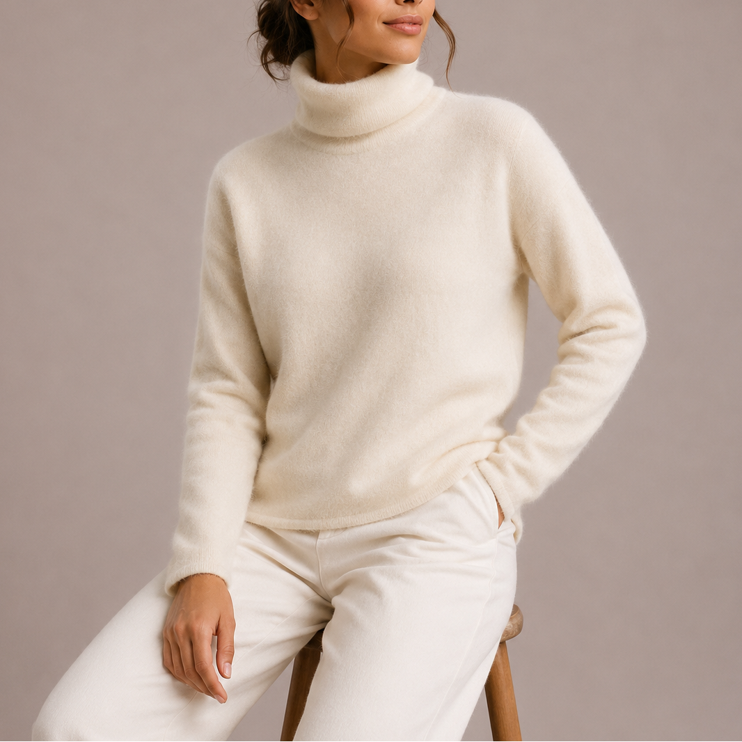 Kvinde iført beige rullekrave sweater med lange ærmer og sorte bukser._4