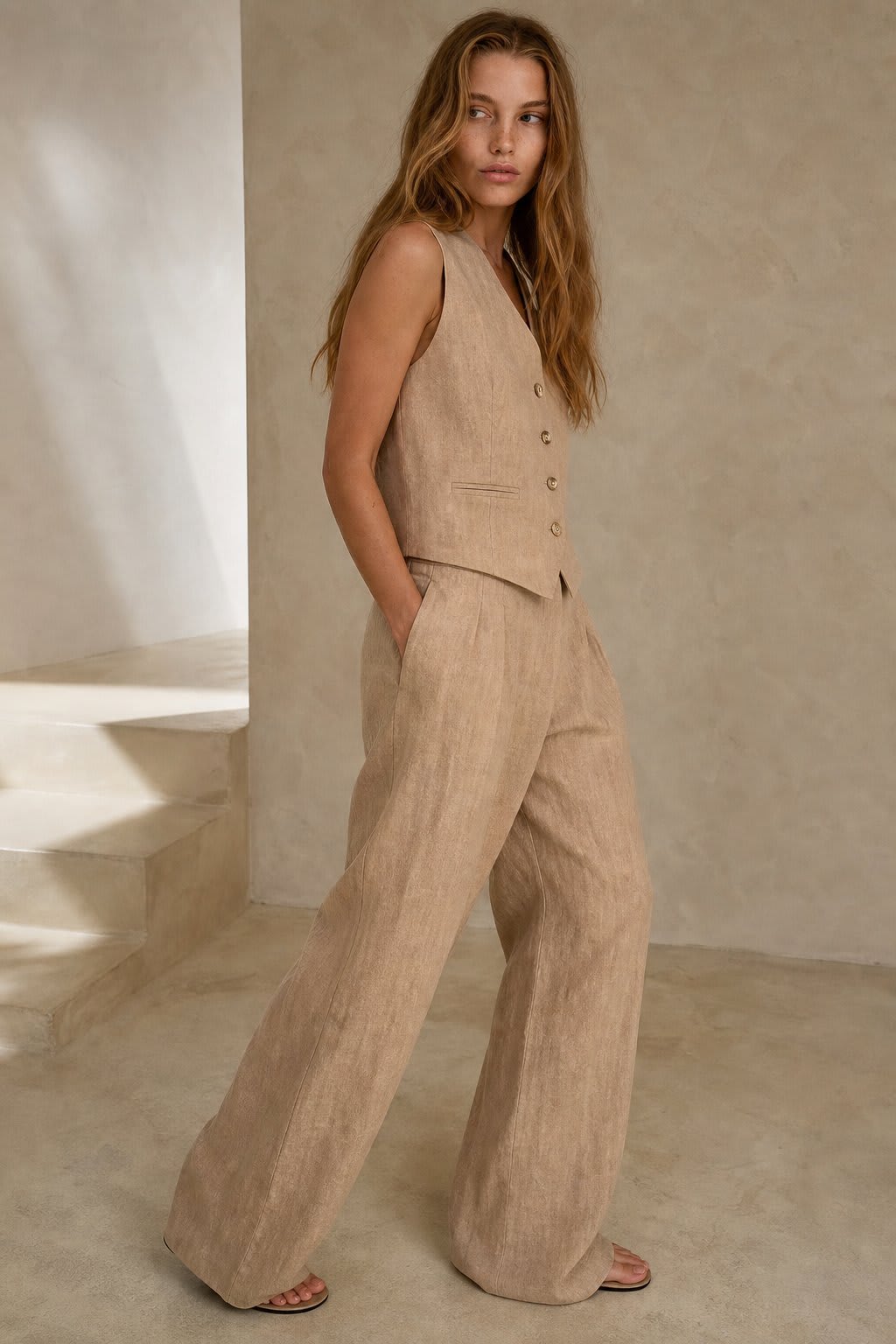 Kvinde iført todelt sæt bestående af vest med knapper og wide-leg bukser i beige nuancer, fotograferet i minimalistisk interiør_0