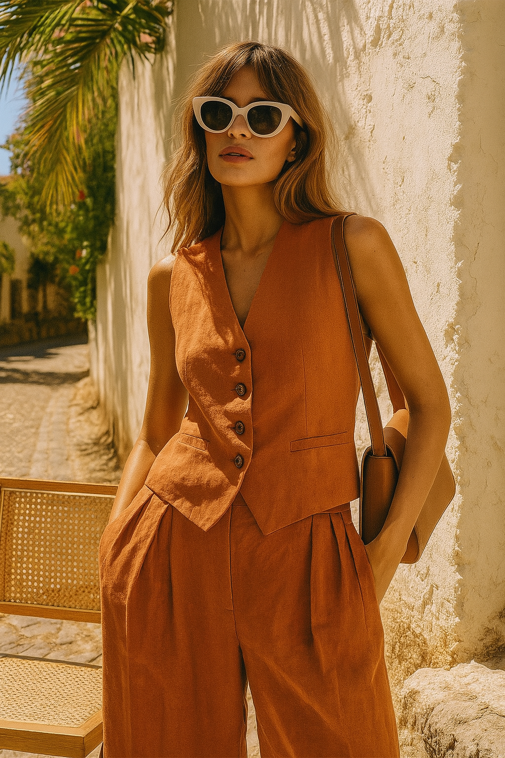 Kvinde iført todelt sæt bestående af vest med knapper og wide-leg bukser i beige nuancer, fotograferet i minimalistisk interiør_7