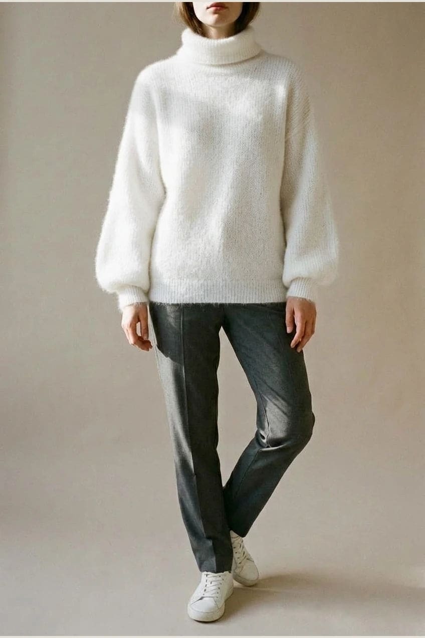 Model i lys, luftig rullekravesweater med ballonærmer, ribbede manchetter og kant, stylet med grå bukser og hvide sneakers._1