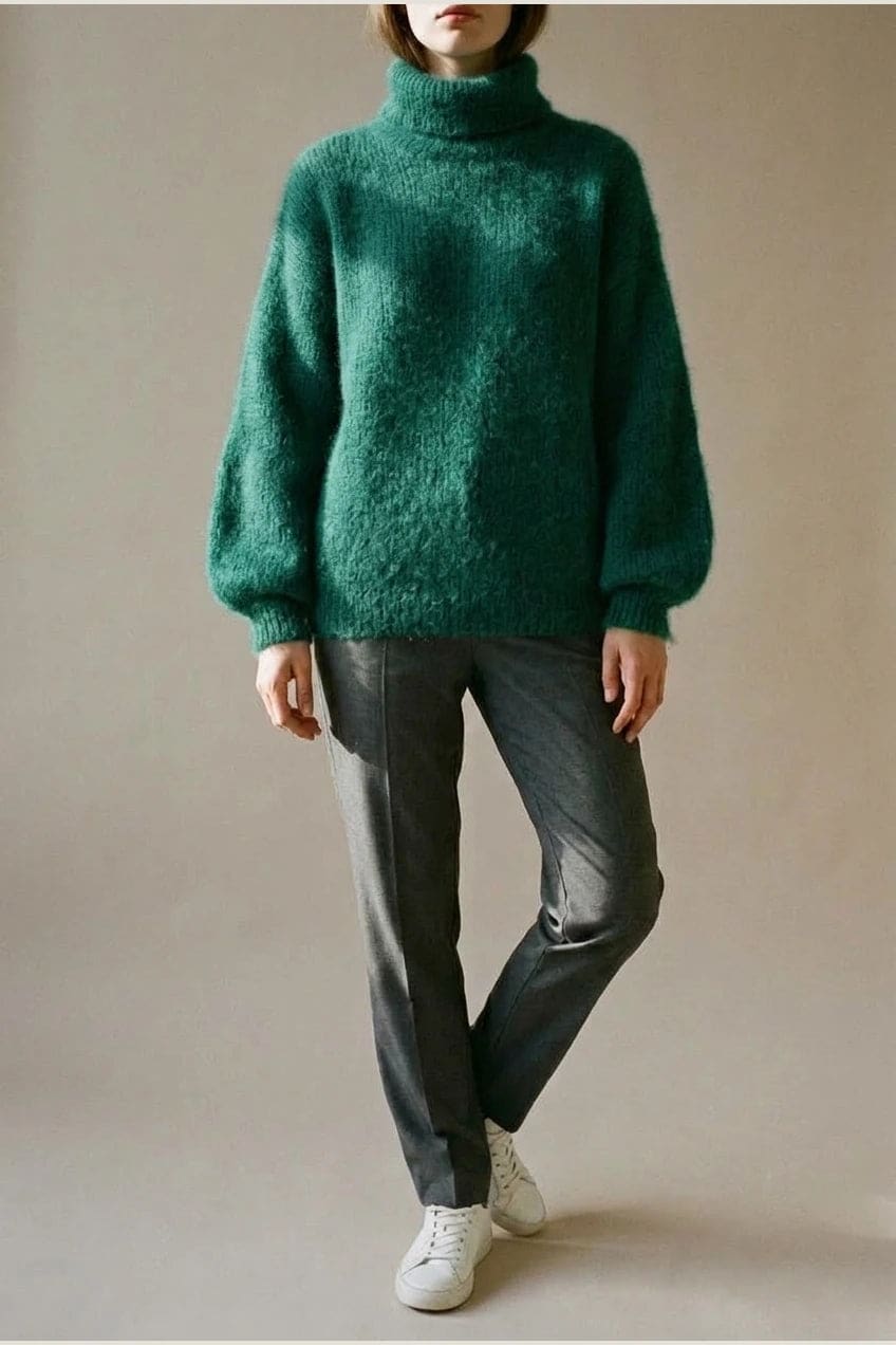 Model i lys, luftig rullekravesweater med ballonærmer, ribbede manchetter og kant, stylet med grå bukser og hvide sneakers._13