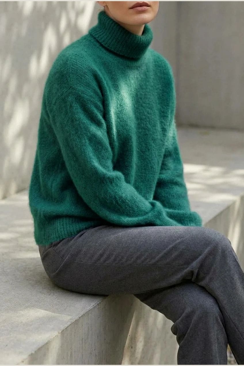 Model i lys, luftig rullekravesweater med ballonærmer, ribbede manchetter og kant, stylet med grå bukser og hvide sneakers._17