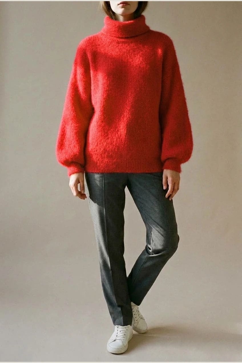 Model i lys, luftig rullekravesweater med ballonærmer, ribbede manchetter og kant, stylet med grå bukser og hvide sneakers._19