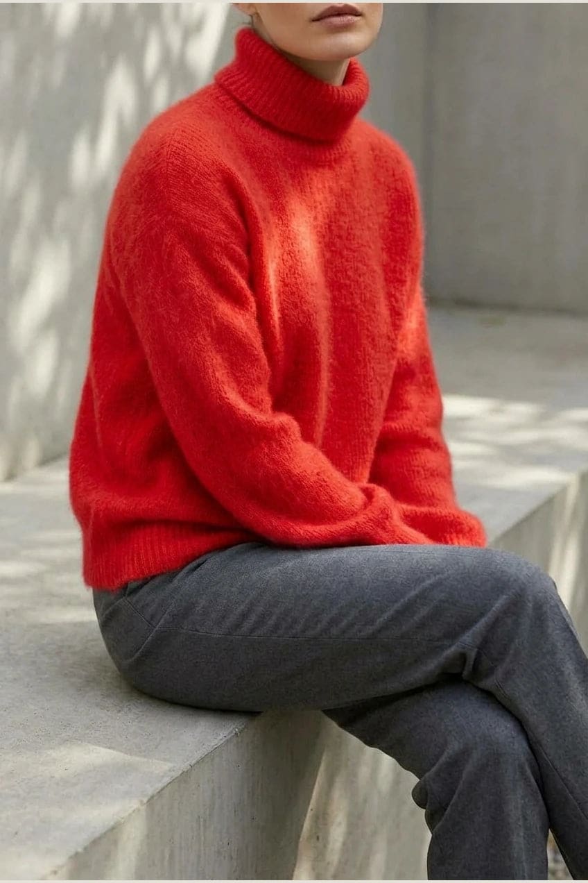 Model i lys, luftig rullekravesweater med ballonærmer, ribbede manchetter og kant, stylet med grå bukser og hvide sneakers._23