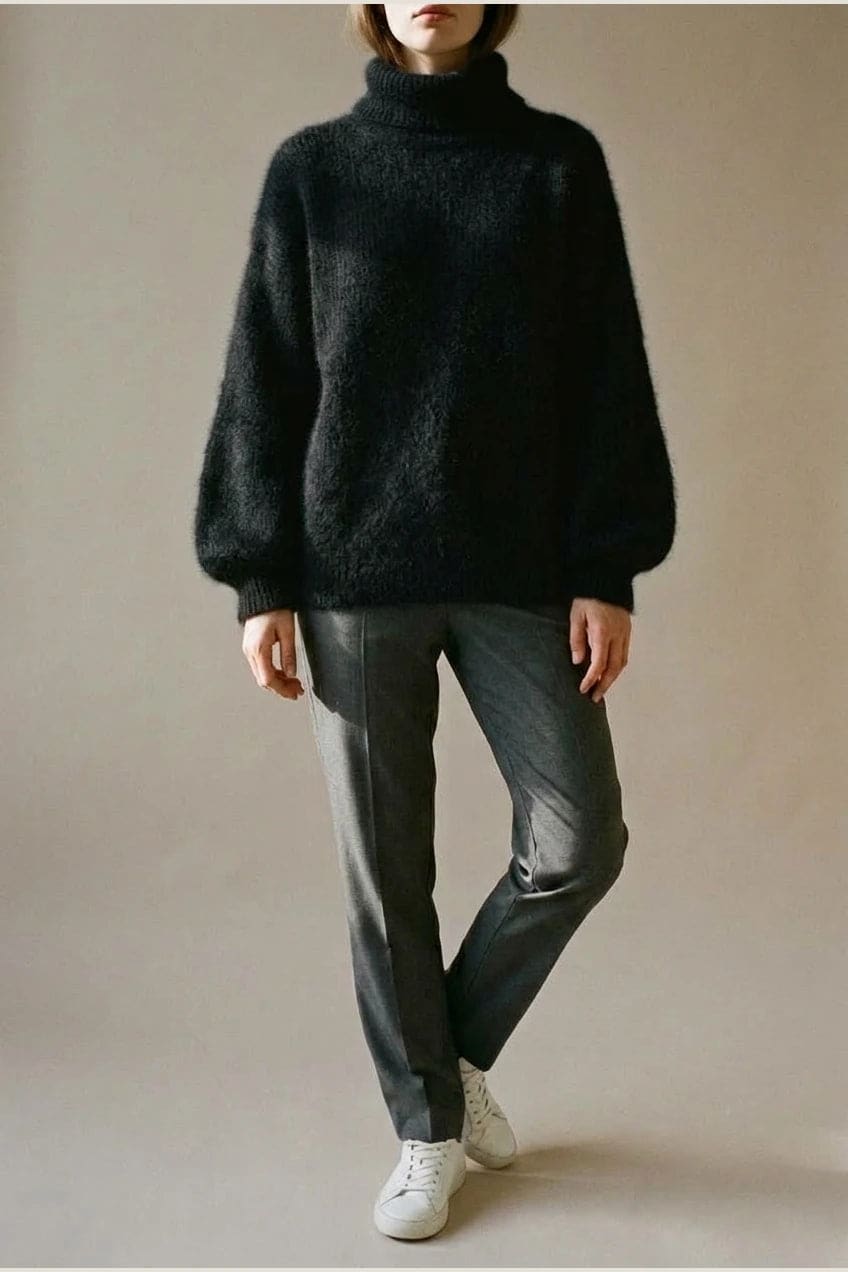 Model i lys, luftig rullekravesweater med ballonærmer, ribbede manchetter og kant, stylet med grå bukser og hvide sneakers._25
