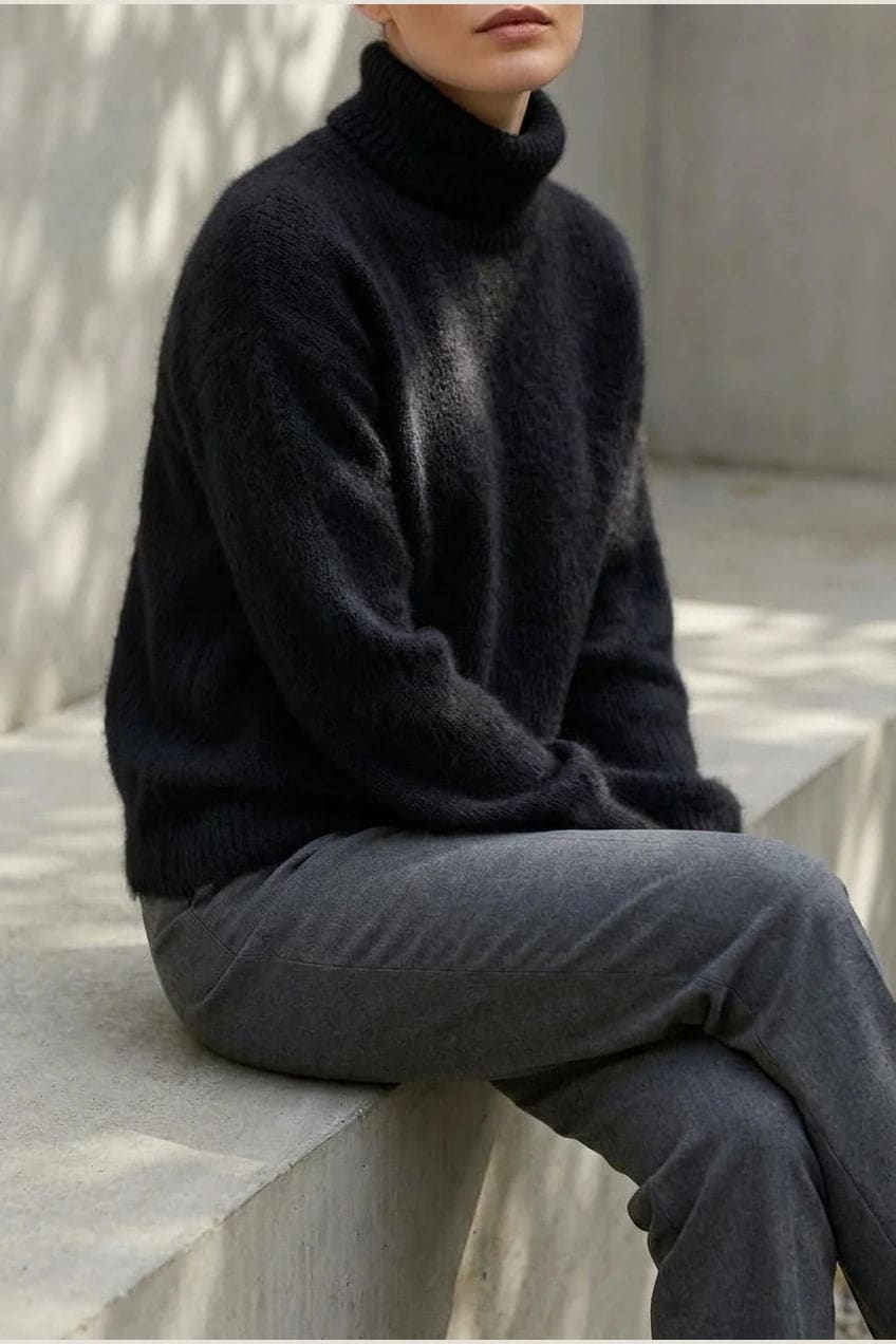 Model i lys, luftig rullekravesweater med ballonærmer, ribbede manchetter og kant, stylet med grå bukser og hvide sneakers._29