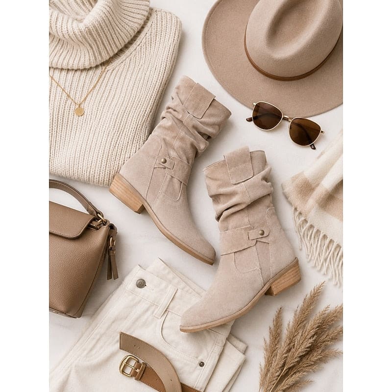 Kvinde bærer beige ankelstøvler med slouchy skaft, blokhæl og spændedetalje på flisegulv._5