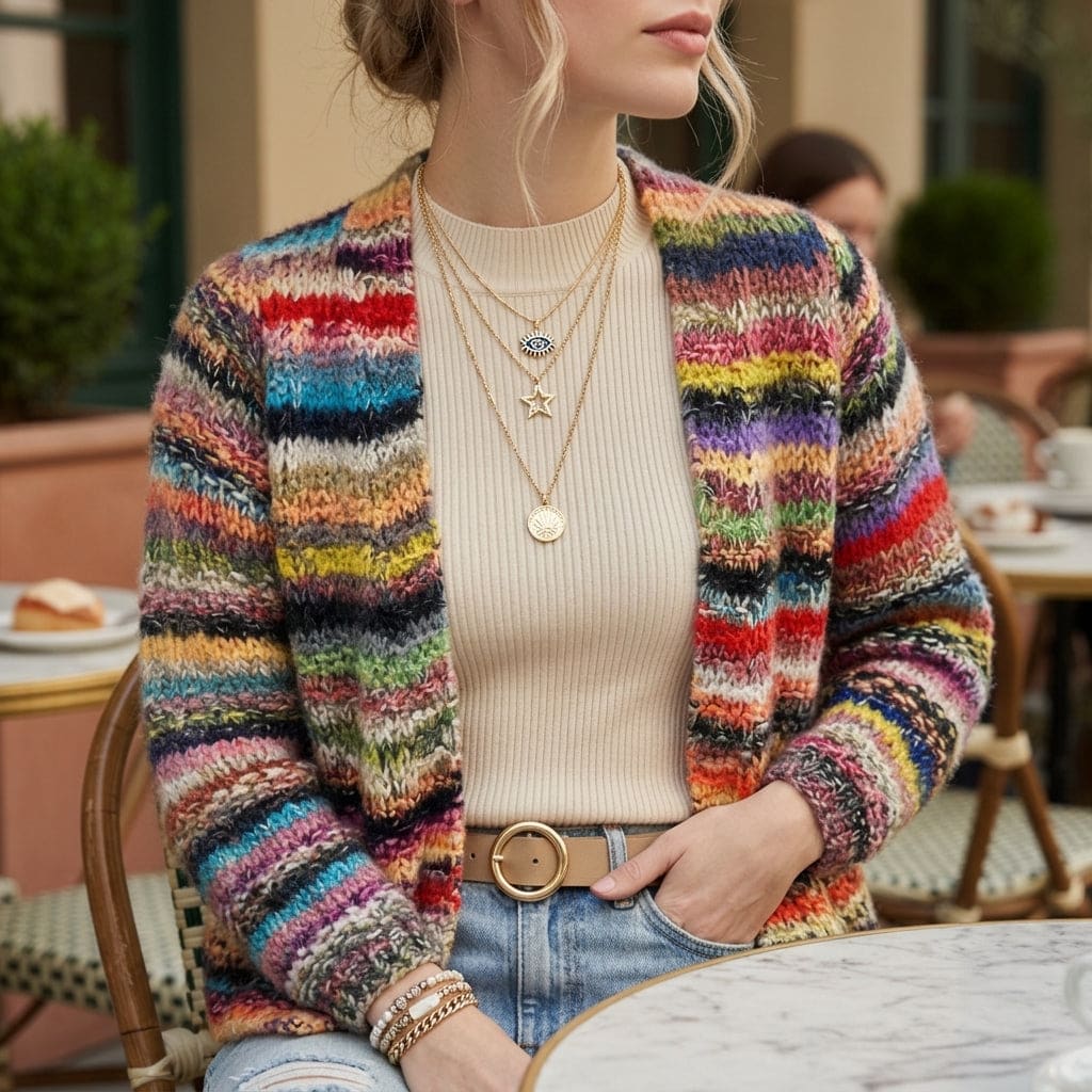 Kvinde iført farverig stribet strikket cardigan med åben front over en beige ribstrikket top og jeans._0