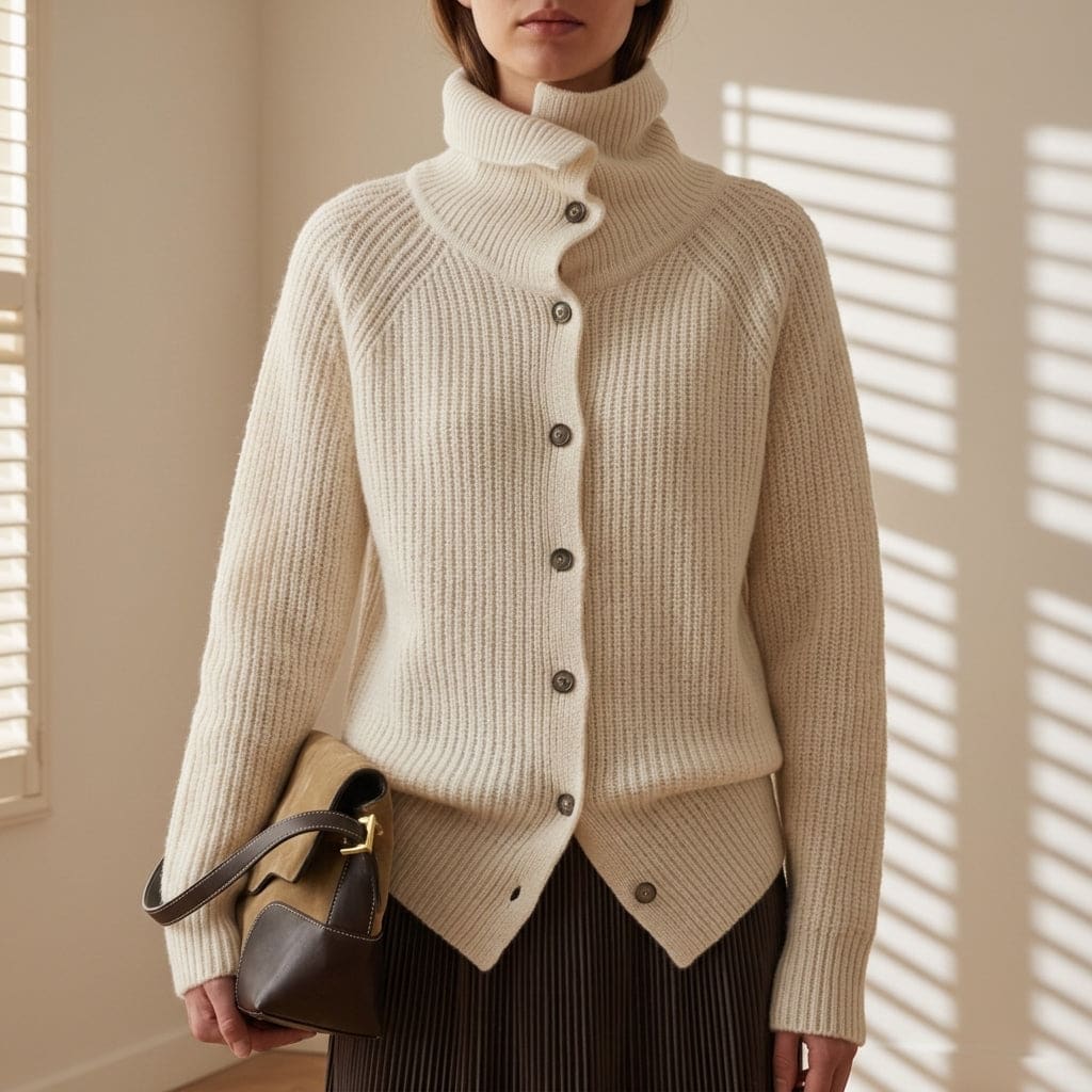 Elin | Strikket Cardigan Med Højhalskrave Og Knapper
