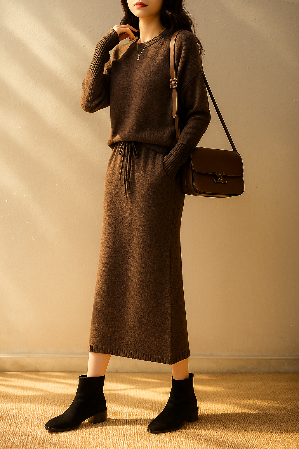 Model iført beige strikket sæt bestående af løstsiddende sweater og matchende nederdel med sliddetalje_15