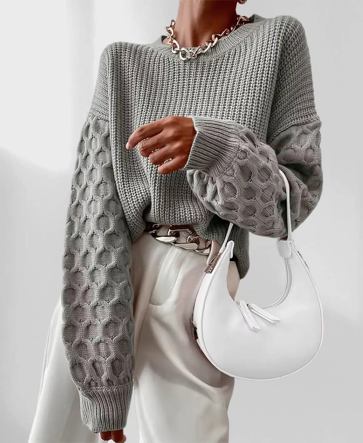 Solveig | Strikket Sweater Med Ballonærmer Og Kabelmønster