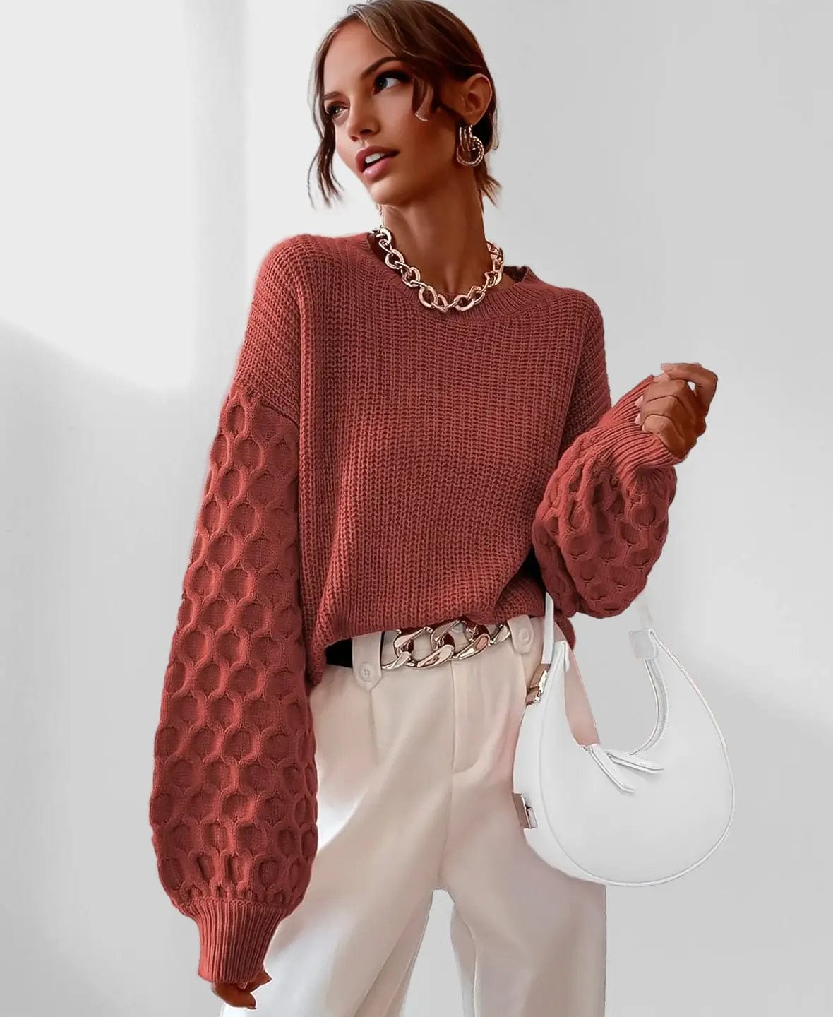 Solveig | Strikket Sweater Med Ballonærmer Og Kabelmønster