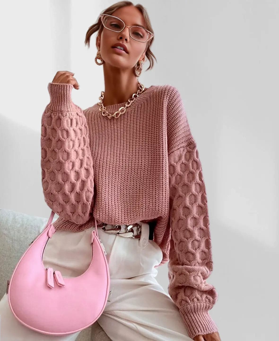 Solveig | Strikket Sweater Med Ballonærmer Og Kabelmønster