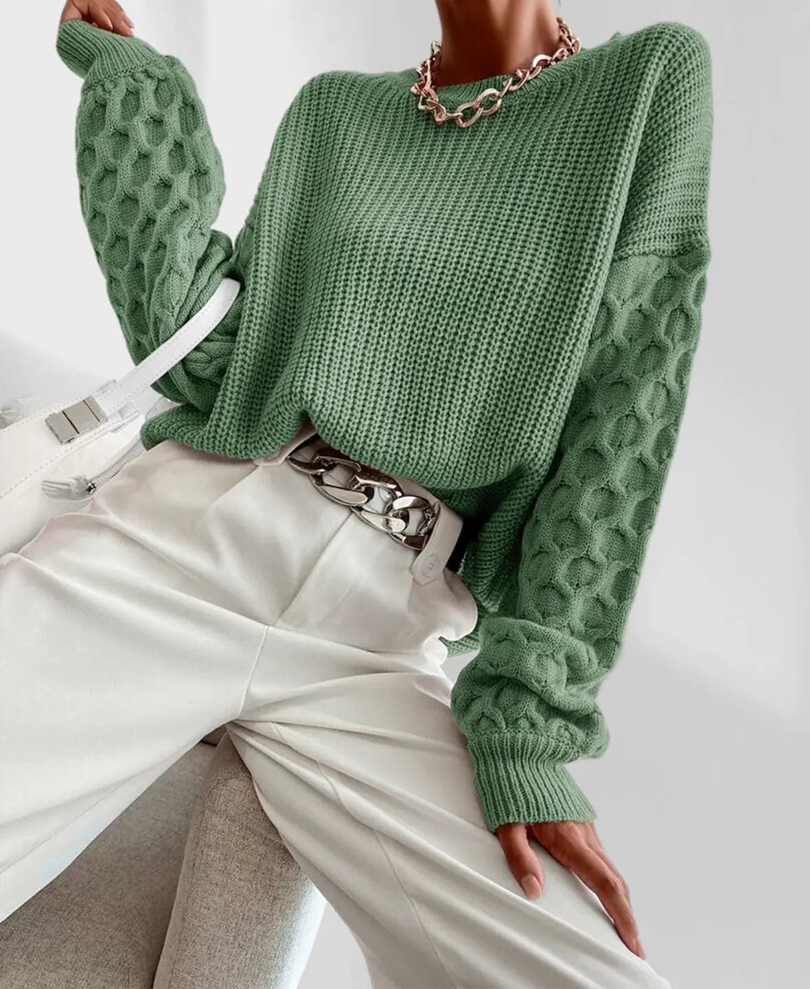 Solveig | Strikket Sweater Med Ballonærmer Og Kabelmønster