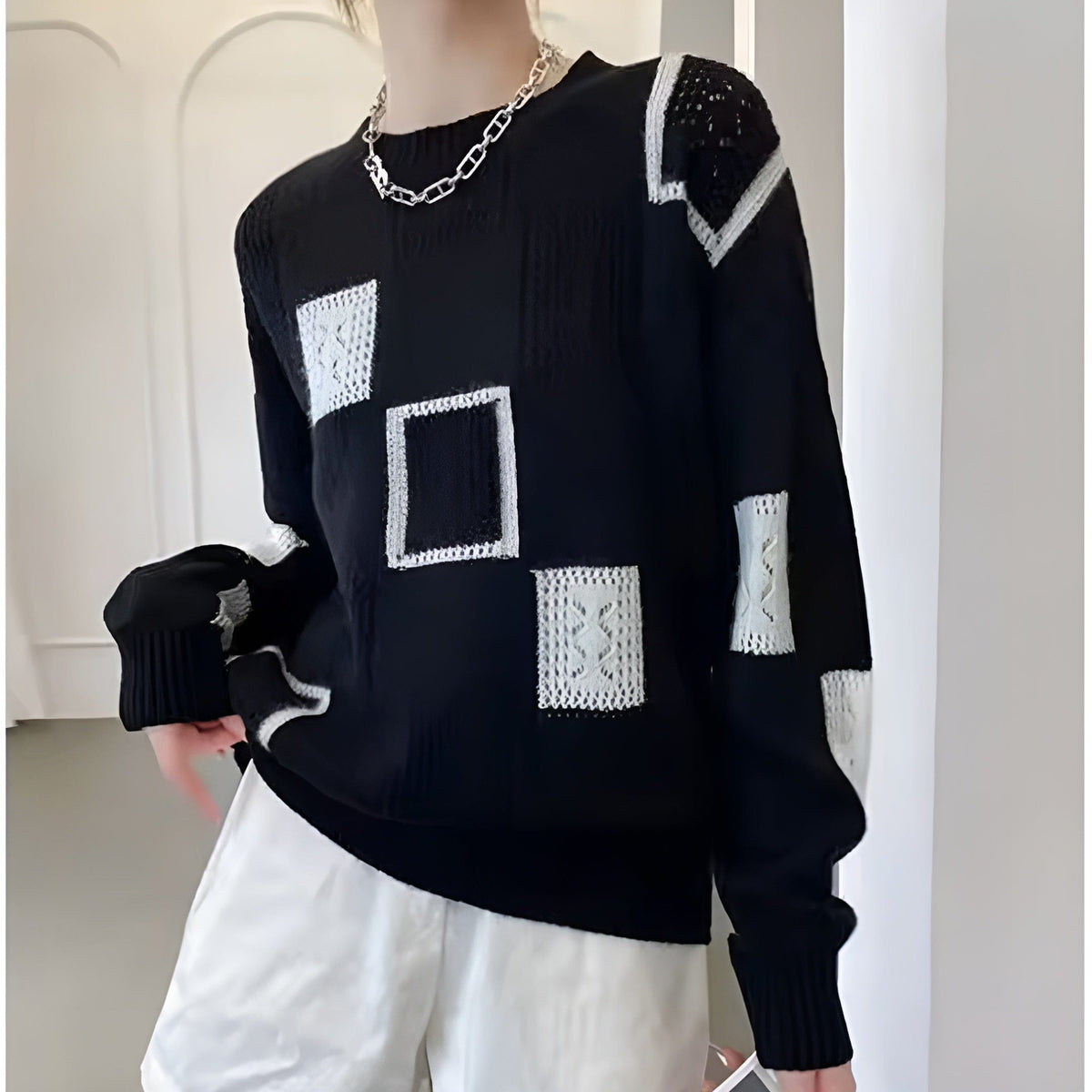 Ella | Strikket Sweater Med Geometrisk Blok-mønster