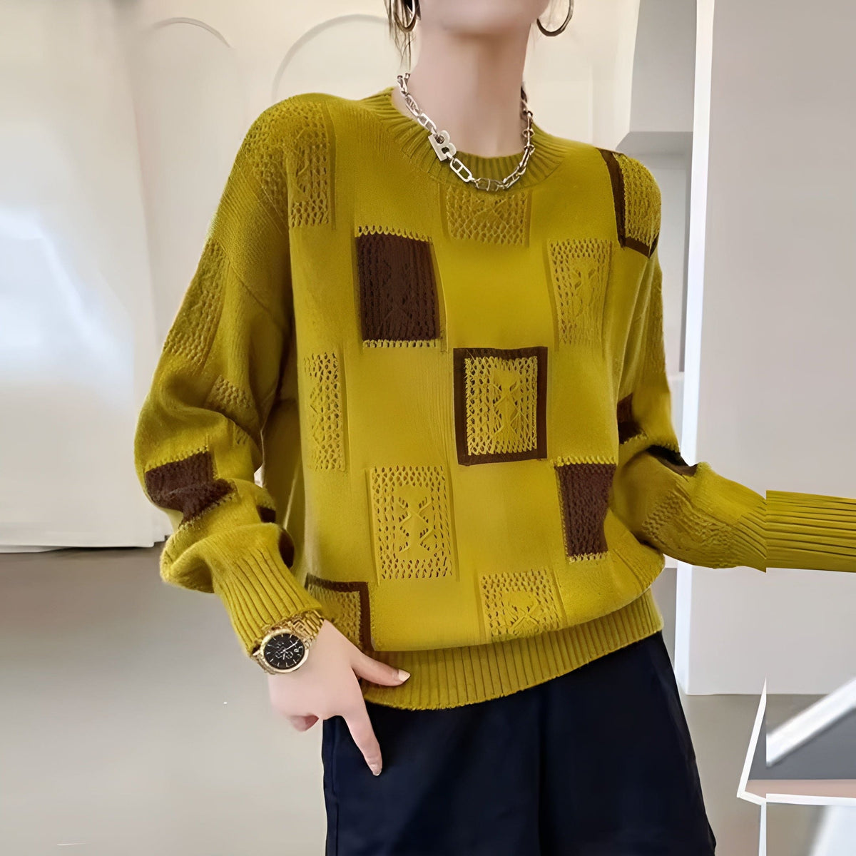 Ella | Strikket Sweater Med Geometrisk Blok-mønster